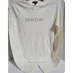 bebe White Long Sleeve Logo Top – Size Small – Y2K Minimalist Fitted Tee